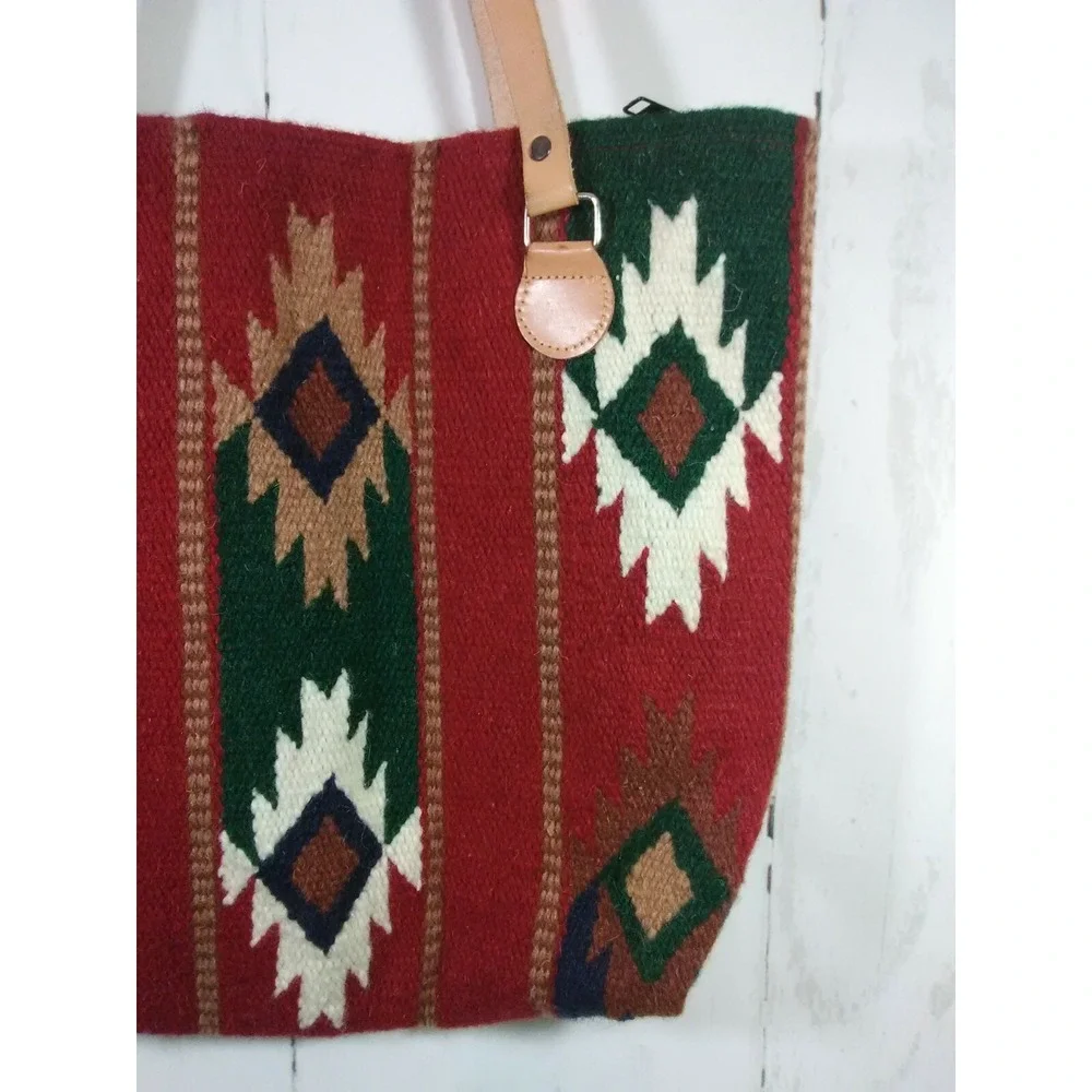 El Paso Saddle Blanket Wool Bag Southwestern Tote Boho‎ Hippie Leather Straps
